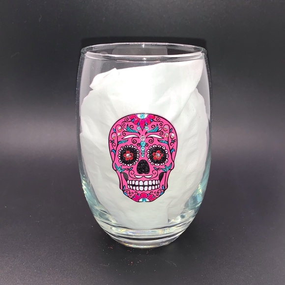 BLING GLITTER & SWAROVSKI CRYSTALS PINK & TEAL SUGAR SKULL STEMLESS WINE GLASS - Picture 9 of 12
